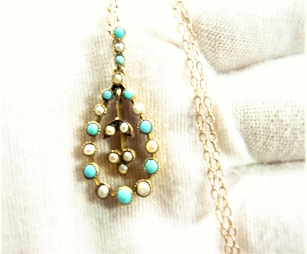 Antique Edwardian Hallmarked Gold Turquoise And Seed Pearl Pendant With Original Hallmarked Gold Necklace 1900s