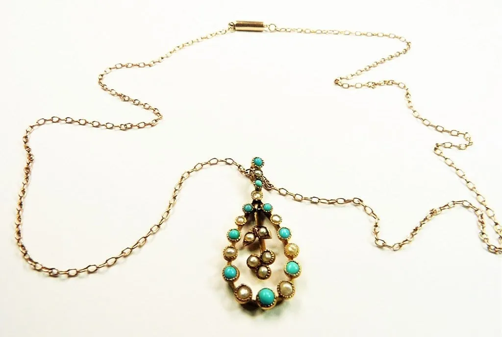 Antique Edwardian Hallmarked Gold Turquoise And Seed Pearl Pendant With Original Hallmarked Gold Necklace 1900s