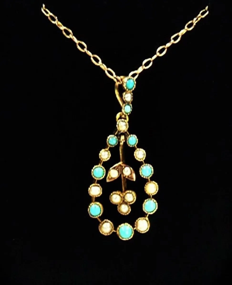 Antique Edwardian Hallmarked Gold Turquoise And Seed Pearl Pendant With Original Hallmarked Gold Necklace 1900s