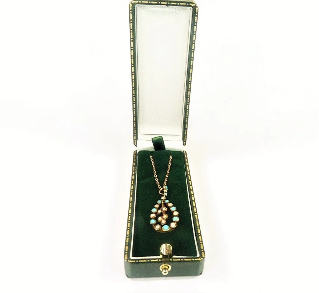 Antique Edwardian Hallmarked Gold Turquoise And Seed Pearl Pendant With Original Hallmarked Gold Necklace 1900s