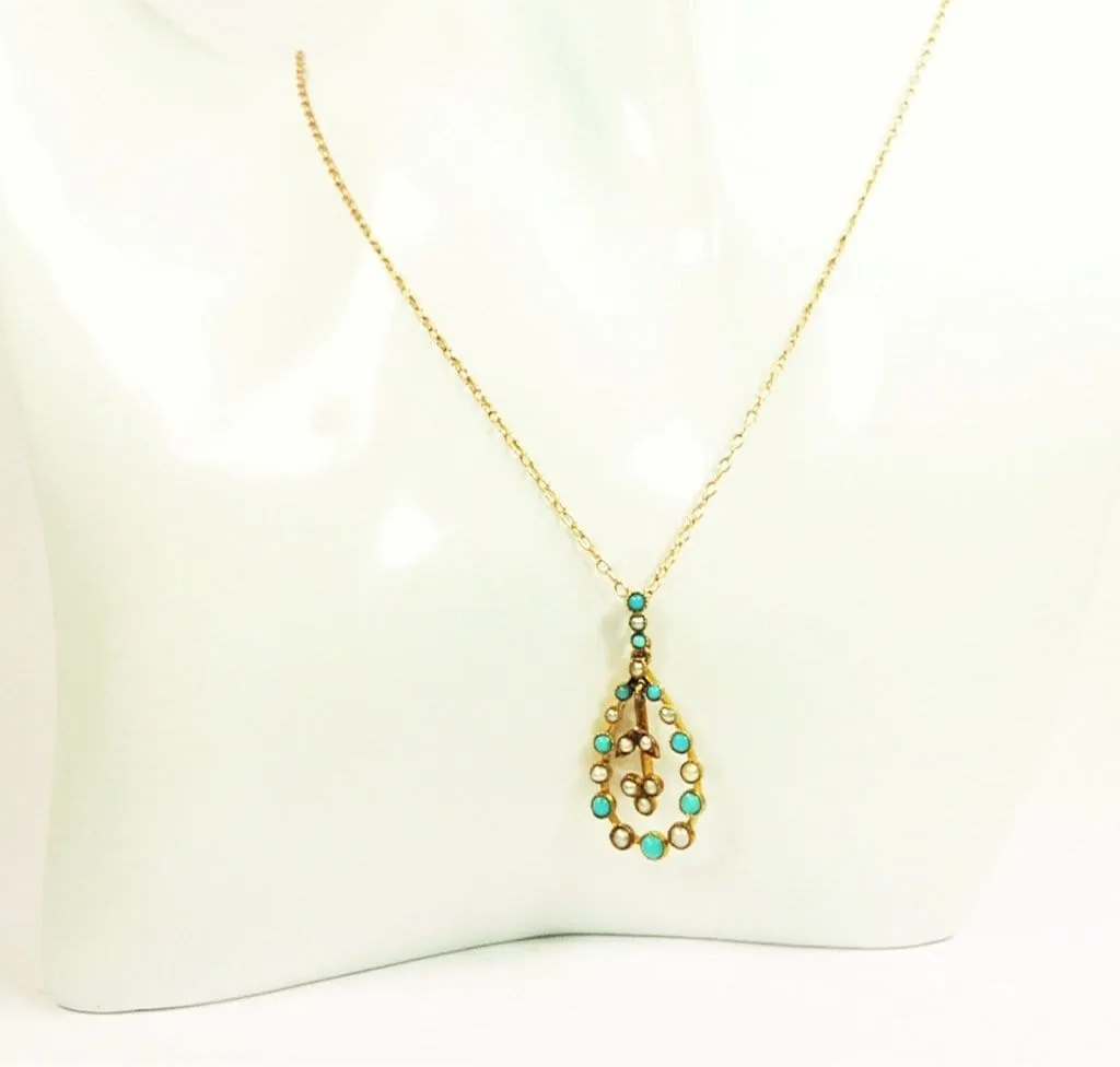 Antique Edwardian Hallmarked Gold Turquoise And Seed Pearl Pendant With Original Hallmarked Gold Necklace 1900s