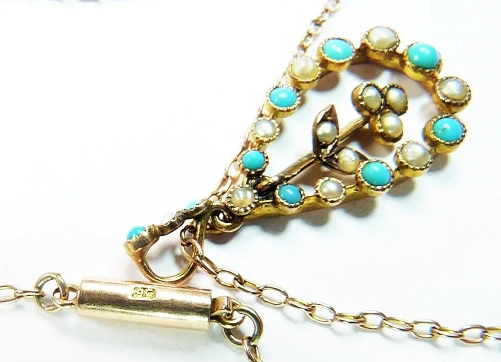 Antique Edwardian Hallmarked Gold Turquoise And Seed Pearl Pendant With Original Hallmarked Gold Necklace 1900s