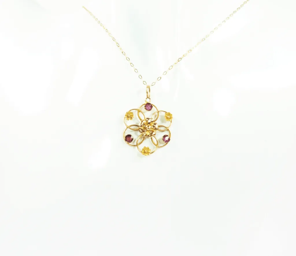 Antique Edwardian Solid Gold And Almandine Garnet Pendant And Hallmarked Gold Necklace