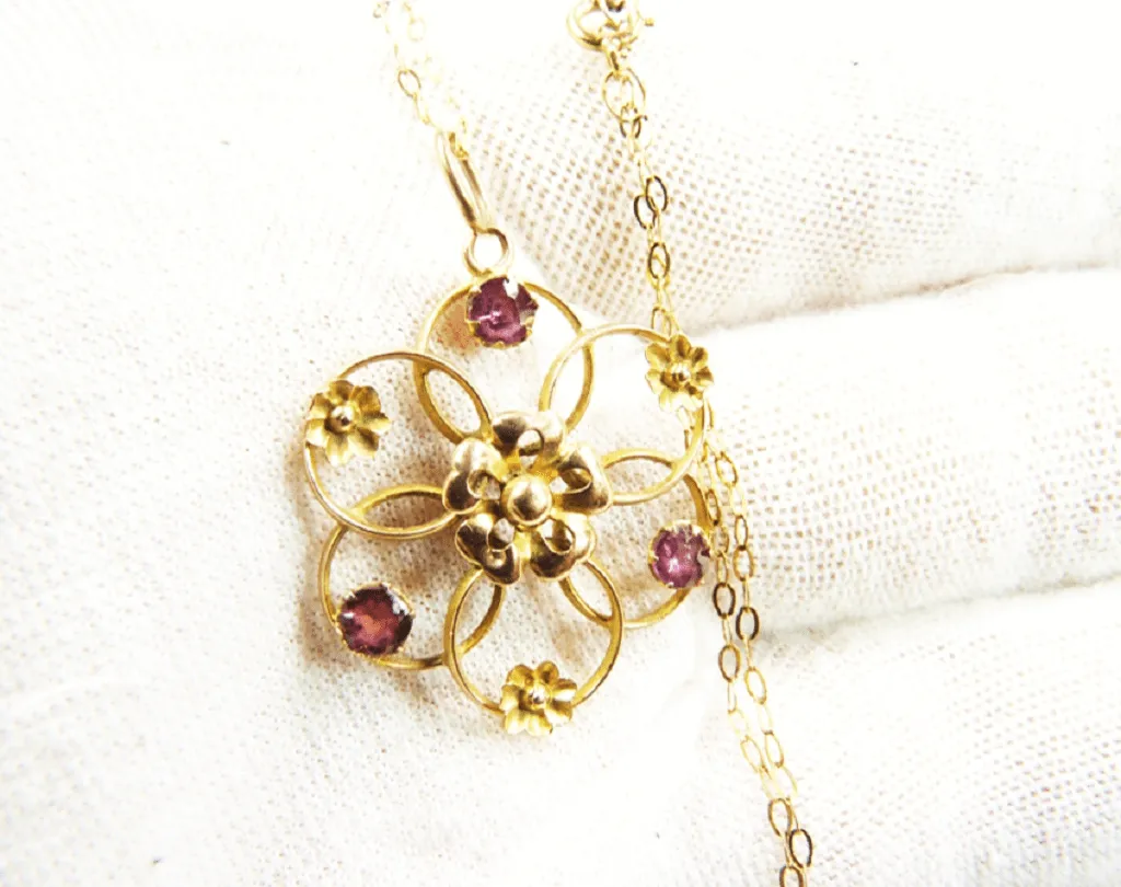 Antique Edwardian Solid Gold And Almandine Garnet Pendant And Hallmarked Gold Necklace