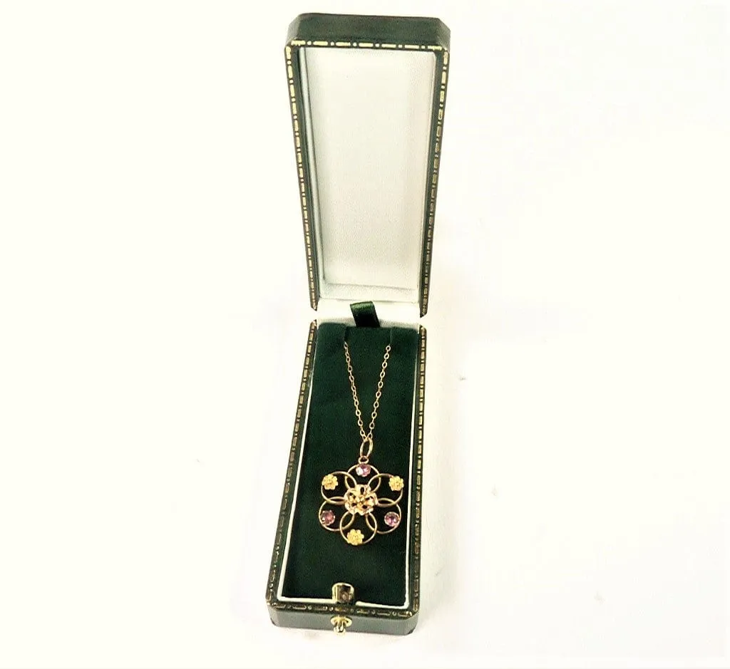 Antique Edwardian Solid Gold And Almandine Garnet Pendant And Hallmarked Gold Necklace