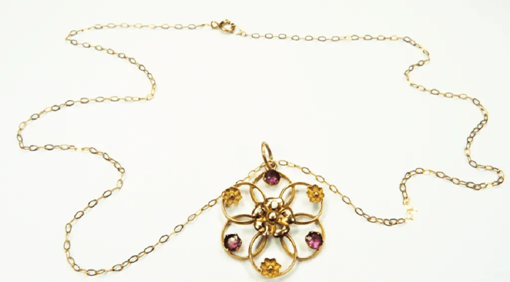 Antique Edwardian Solid Gold And Almandine Garnet Pendant And Hallmarked Gold Necklace