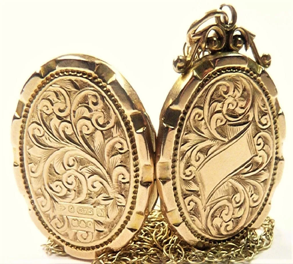 Antique Fully Hallmarked Yellow Gold Locket 1913 With Ornate Antique Hallmarked Gold 20 Inch Necklace