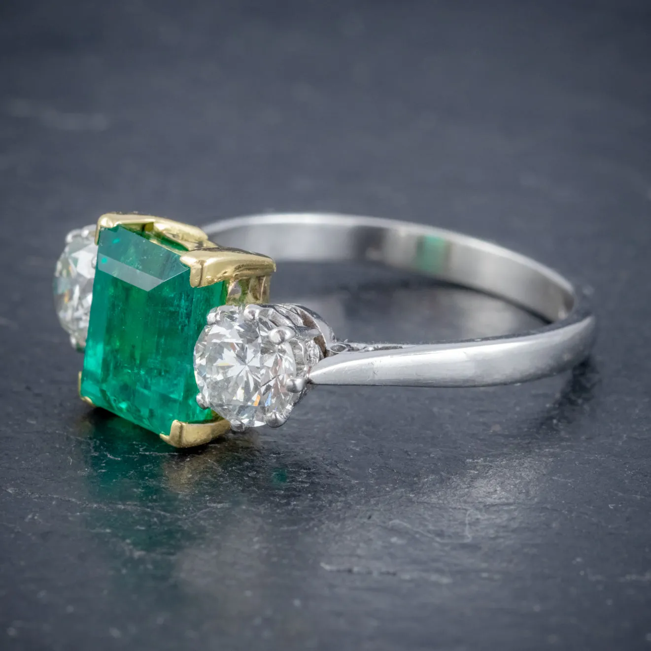 Art Deco Colombian Emerald Diamond Trilogy Ring Platinum 18ct Gold 2.55ct Emerald With Cert