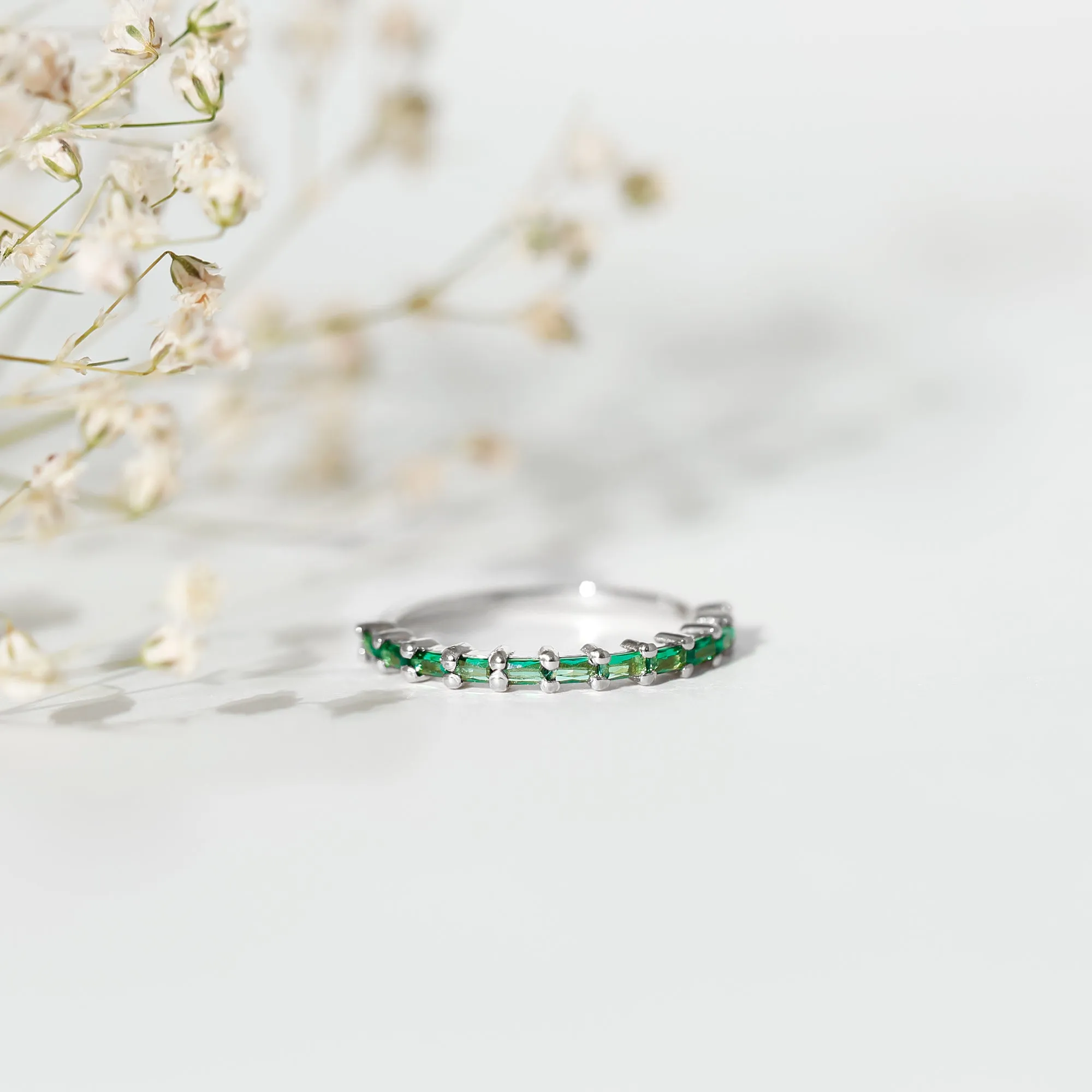 Baguette Cut Lab Grown Emerald Stackable Ring