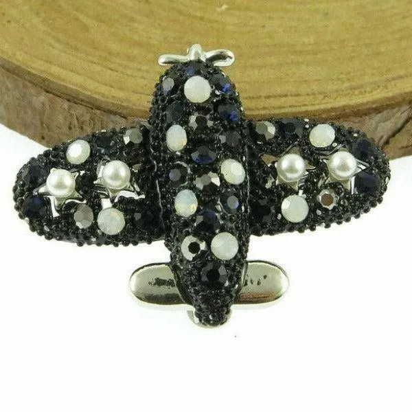 Betsey Johnson Airplane Black Enamel Rhinestone Brooch Pin