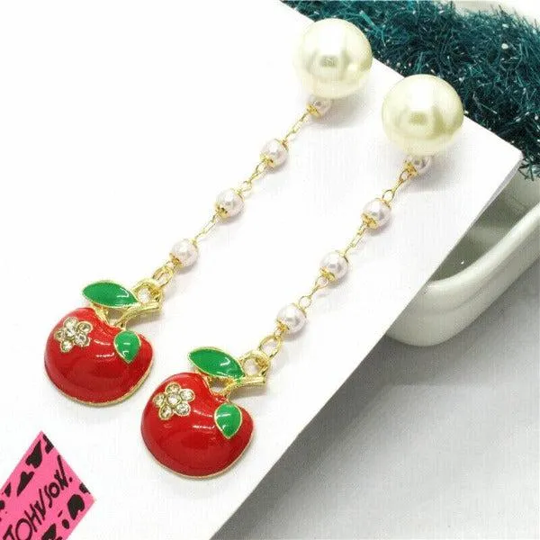 Betsey Johnson Apple Faux Pearl Rhinestone Earrings