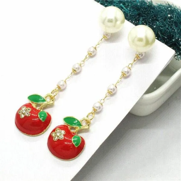 Betsey Johnson Apple Faux Pearl Rhinestone Earrings