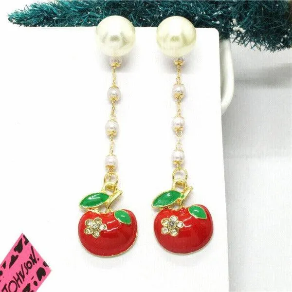 Betsey Johnson Apple Faux Pearl Rhinestone Earrings