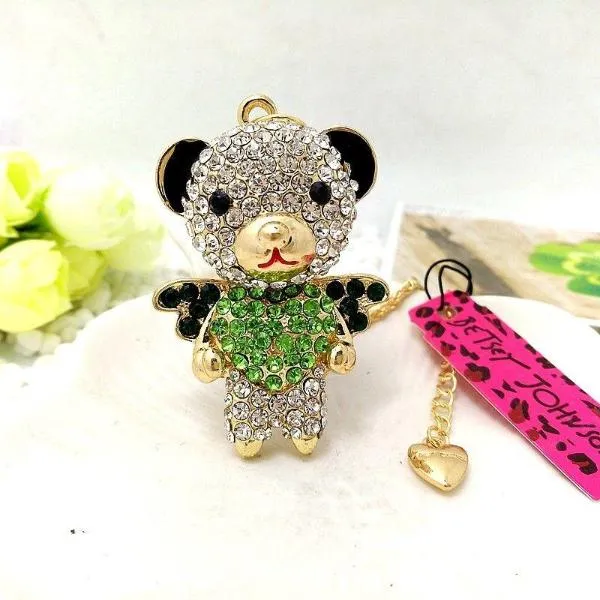 Betsey Johnson Bear Crystal Inlay Green Heart Movable Rhinestone Necklace