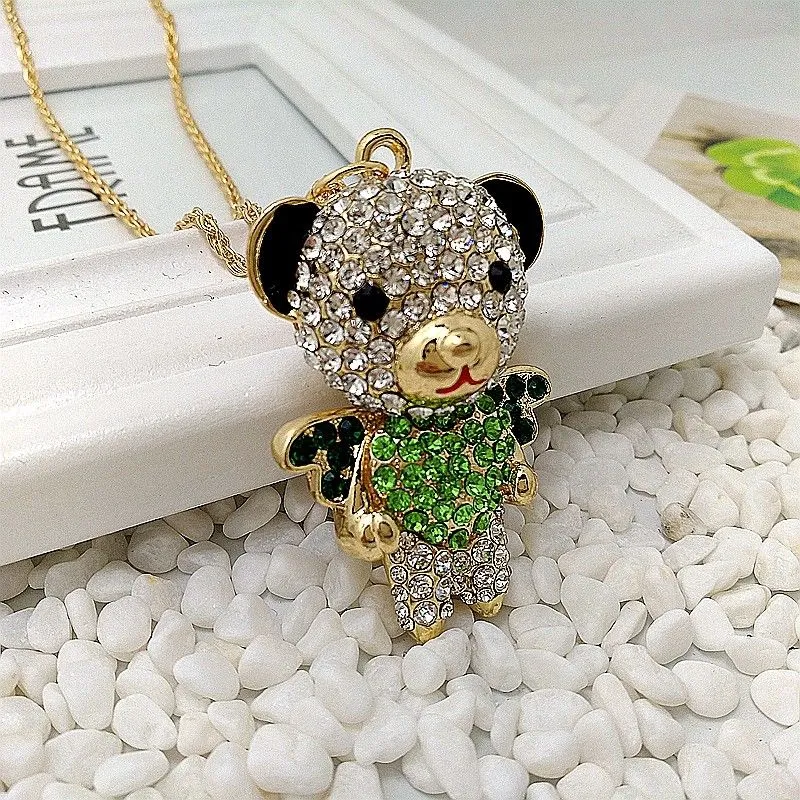 Betsey Johnson Bear Crystal Inlay Green Heart Movable Rhinestone Necklace