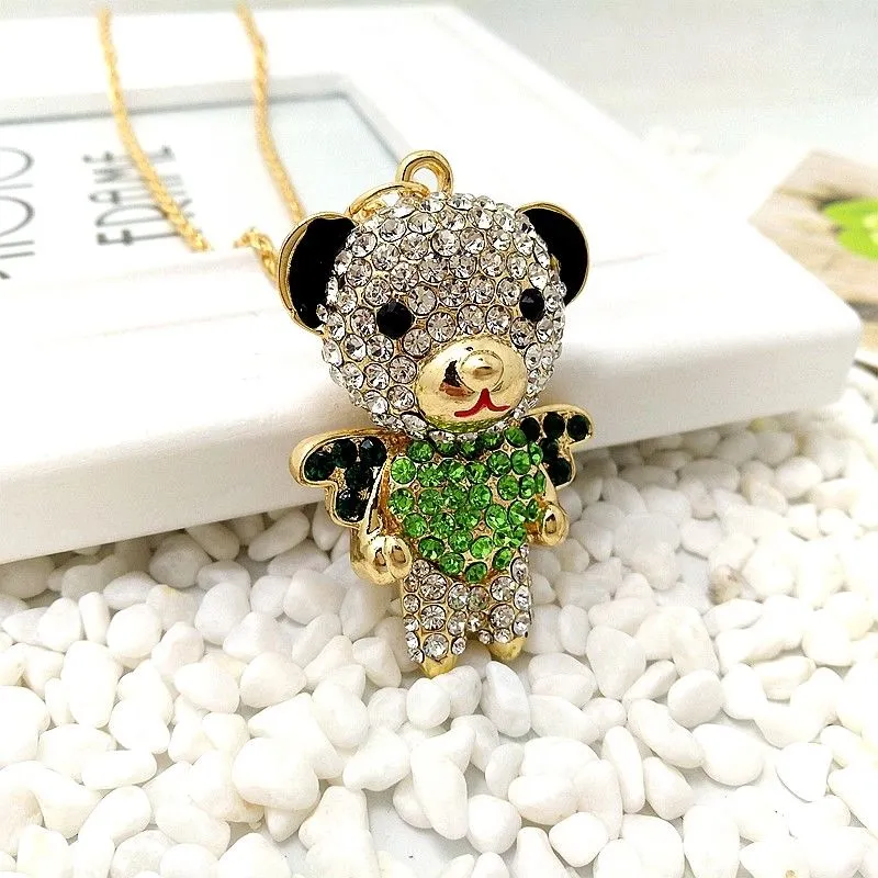 Betsey Johnson Bear Crystal Inlay Green Heart Movable Rhinestone Necklace