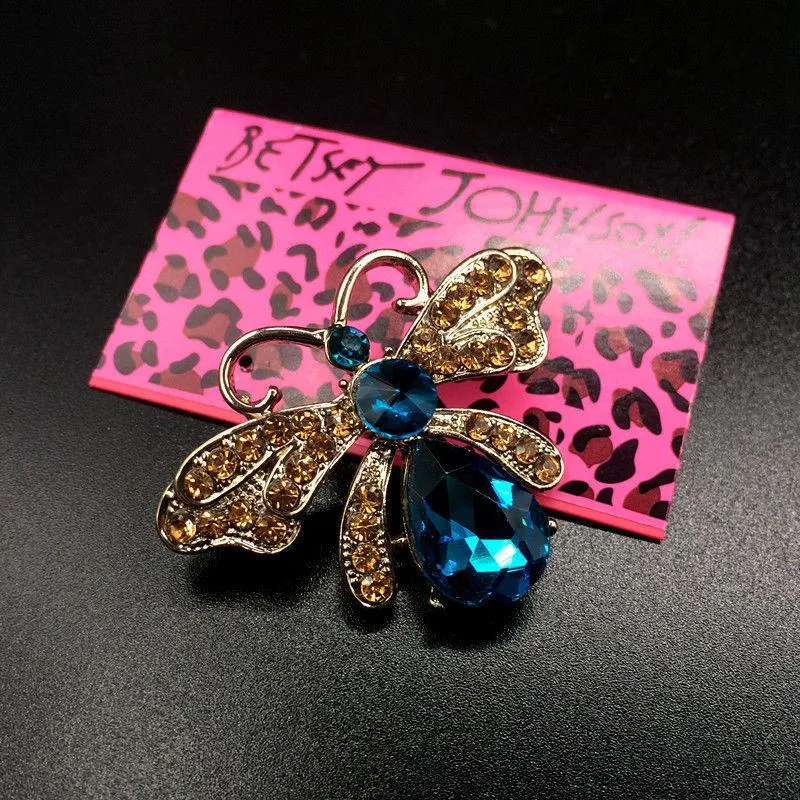 Betsey Johnson Bee Yellow & Blue Rhinestone Brooch Pin