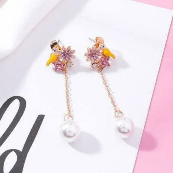 Betsey Johnson Bird Flower Rhinestone Faux Pearl Earrings