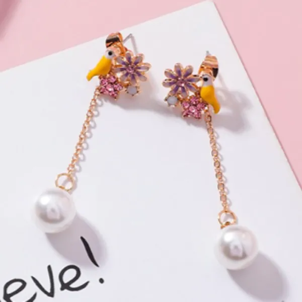 Betsey Johnson Bird Flower Rhinestone Faux Pearl Earrings