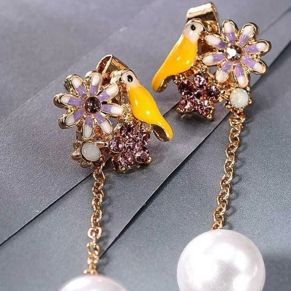 Betsey Johnson Bird Flower Rhinestone Faux Pearl Earrings