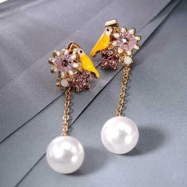 Betsey Johnson Bird Flower Rhinestone Faux Pearl Earrings