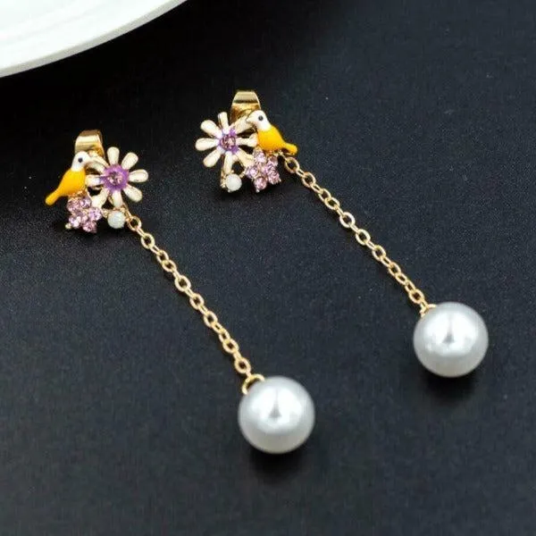 Betsey Johnson Bird Flower Rhinestone Faux Pearl Earrings