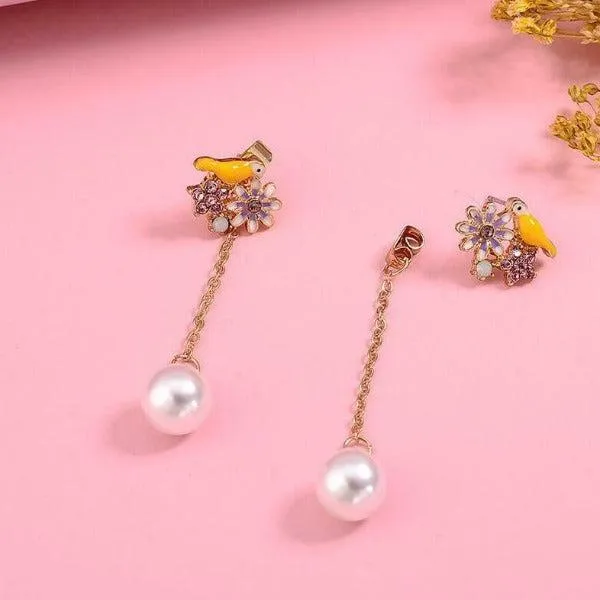 Betsey Johnson Bird Flower Rhinestone Faux Pearl Earrings