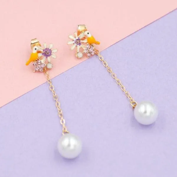 Betsey Johnson Bird Flower Rhinestone Faux Pearl Earrings