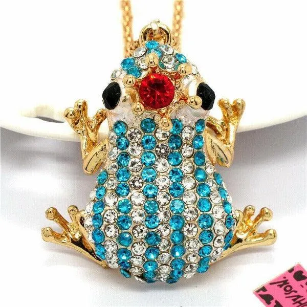 Betsey Johnson Blue & Clear Crystal Crowned Striped Frog Pendant Necklace