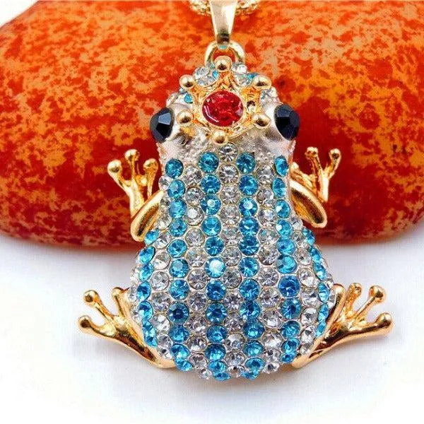 Betsey Johnson Blue & Clear Crystal Crowned Striped Frog Pendant Necklace