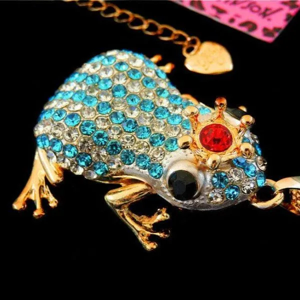 Betsey Johnson Blue & Clear Crystal Crowned Striped Frog Pendant Necklace