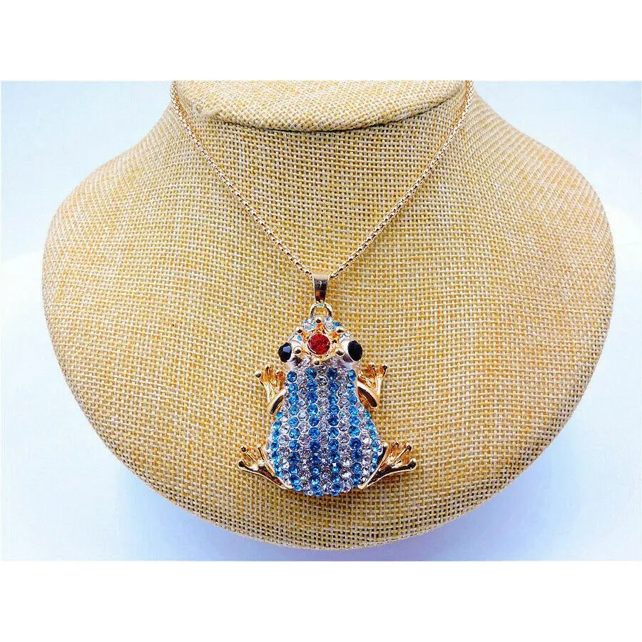 Betsey Johnson Blue & Clear Crystal Crowned Striped Frog Pendant Necklace