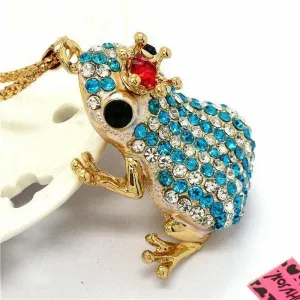 Betsey Johnson Blue & Clear Crystal Crowned Striped Frog Pendant Necklace