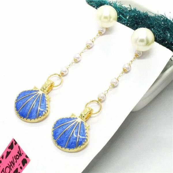 Betsey Johnson Blue Clam Shell Faux Pearl Earrings