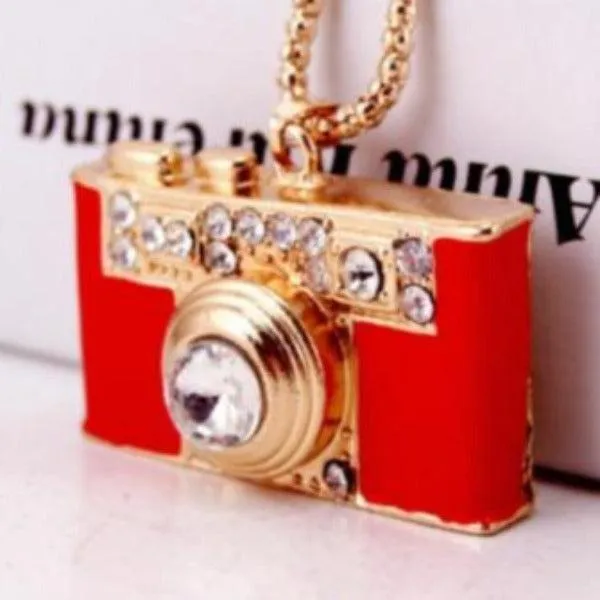 Betsey Johnson Camera Photography Crystal Red Enamel Necklace