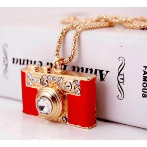 Betsey Johnson Camera Photography Crystal Red Enamel Necklace