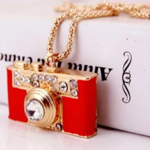 Betsey Johnson Camera Photography Crystal Red Enamel Necklace