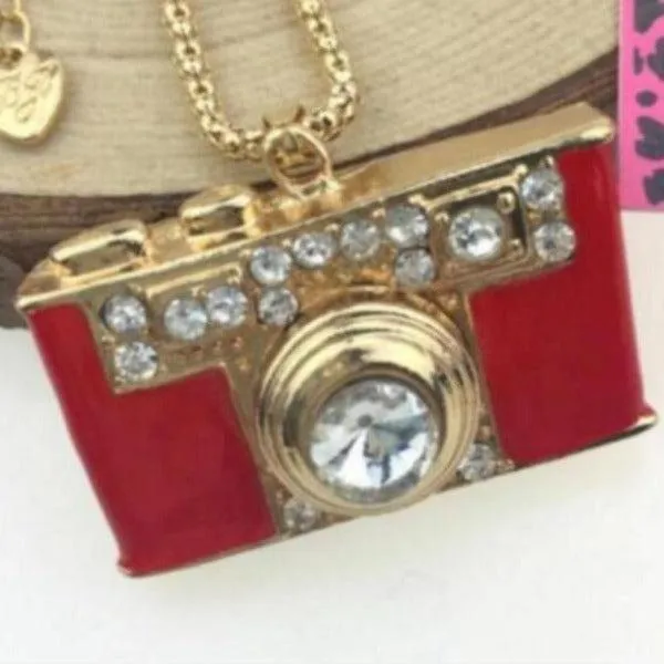 Betsey Johnson Camera Photography Crystal Red Enamel Necklace