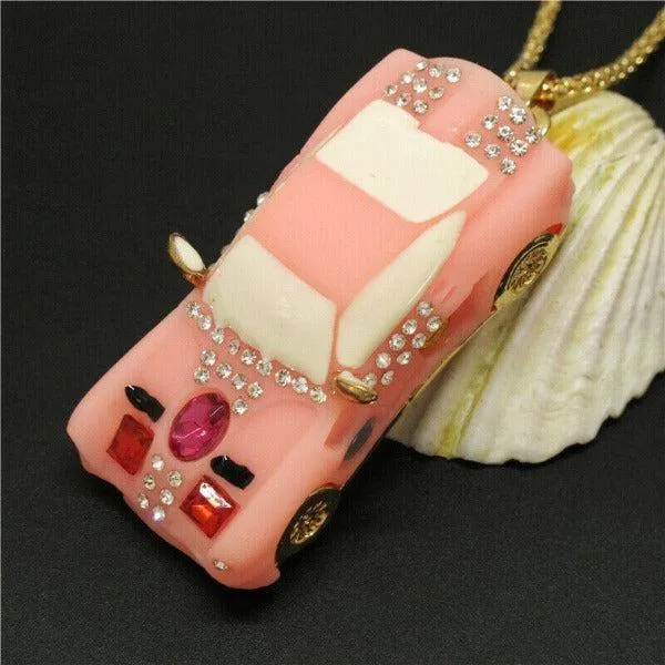 Betsey Johnson Car Pink Resin Rhinestone Gold Necklace