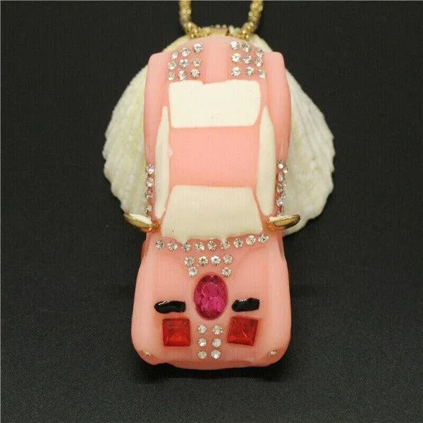 Betsey Johnson Car Pink Resin Rhinestone Gold Necklace