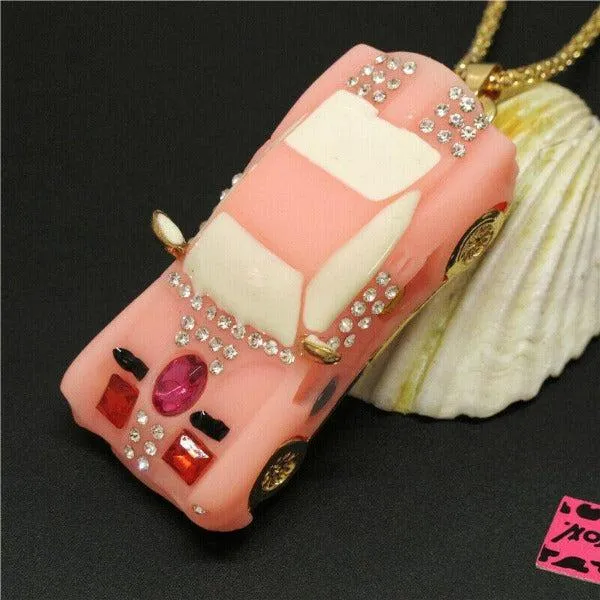 Betsey Johnson Car Pink Resin Rhinestone Gold Necklace