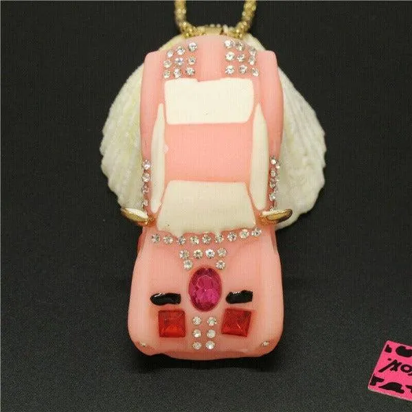 Betsey Johnson Car Pink Resin Rhinestone Gold Necklace