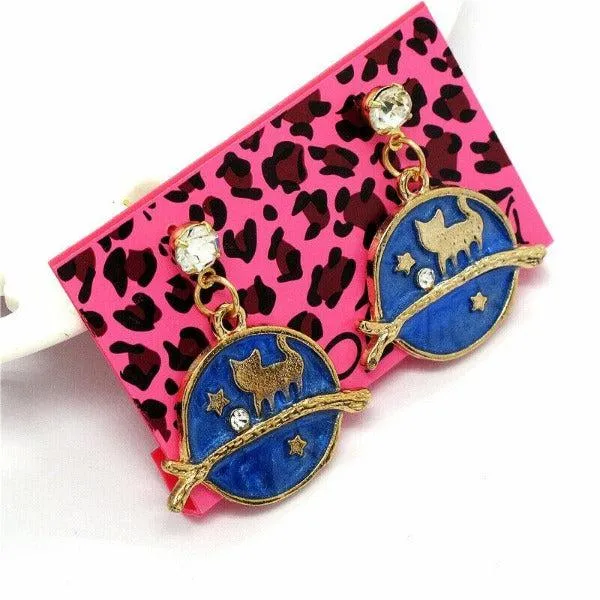 Betsey Johnson Cat on Twig Rhinestone Navy Blue & Gold Earrings