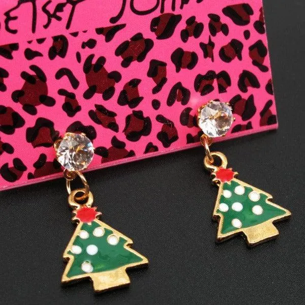 Betsey Johnson Christmas Tree Green Enamel  Rhinestone Earrings