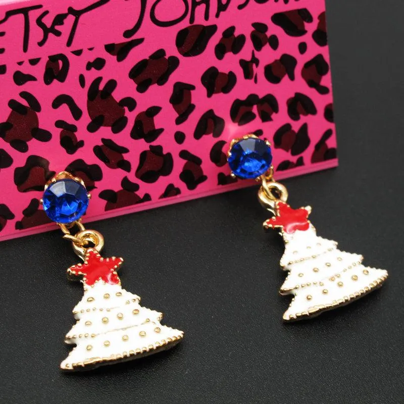 Betsey Johnson Christmas Tree White Enamel Blue Crystal Rhinestone Earrings