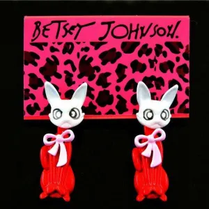 Betsey Johnson Crazy Cat Red & White With Moveable Body Earrings