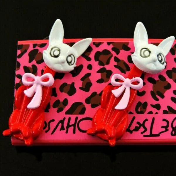 Betsey Johnson Crazy Cat Red & White With Moveable Body Earrings