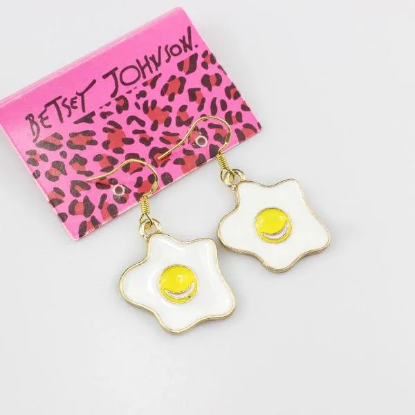 Betsey Johnson Egg Yellow & White Dangle Earrings