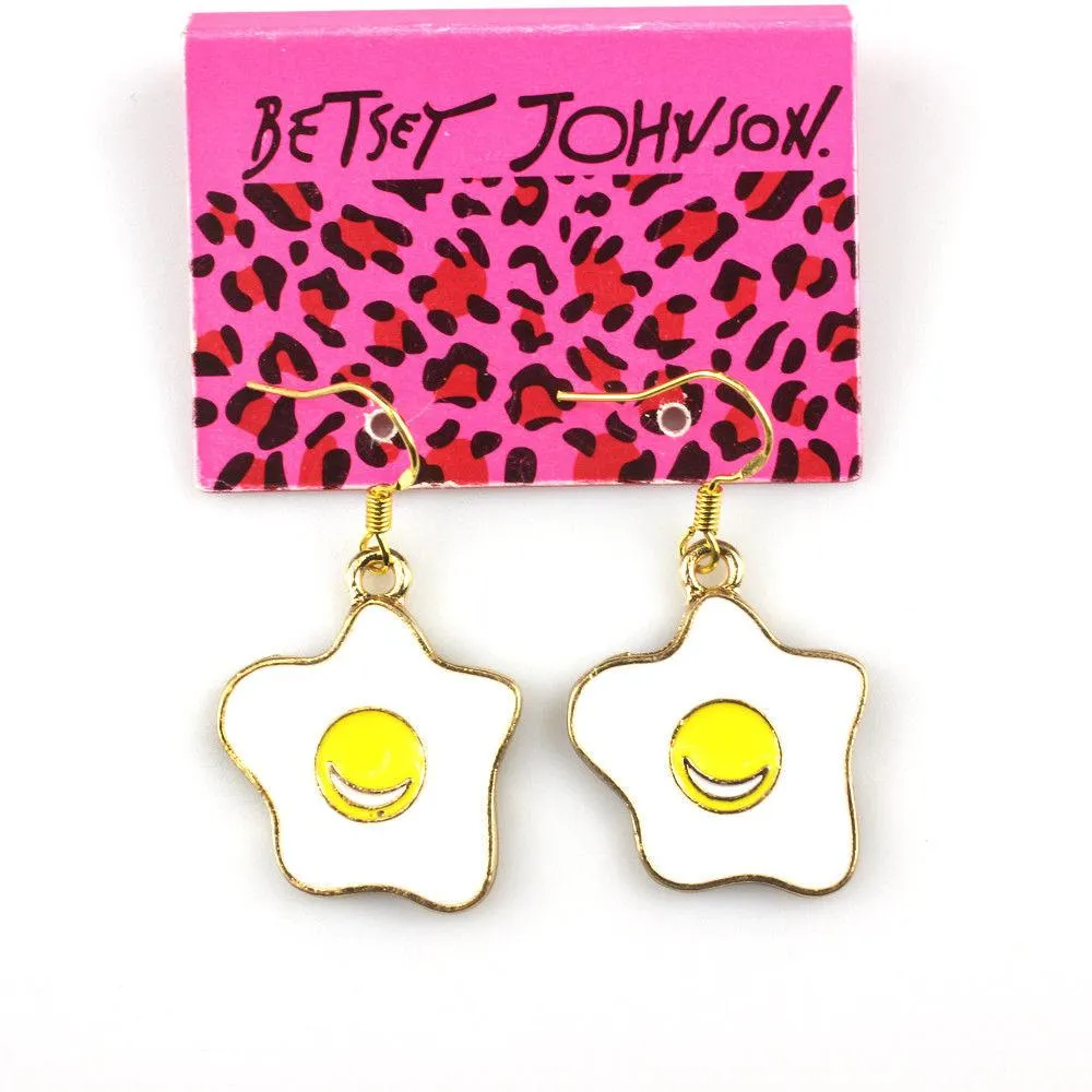 Betsey Johnson Egg Yellow & White Dangle Earrings