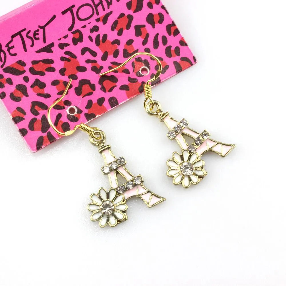 Betsey Johnson Eiffel Tower Pink Enamel Crystal Flower Earrings